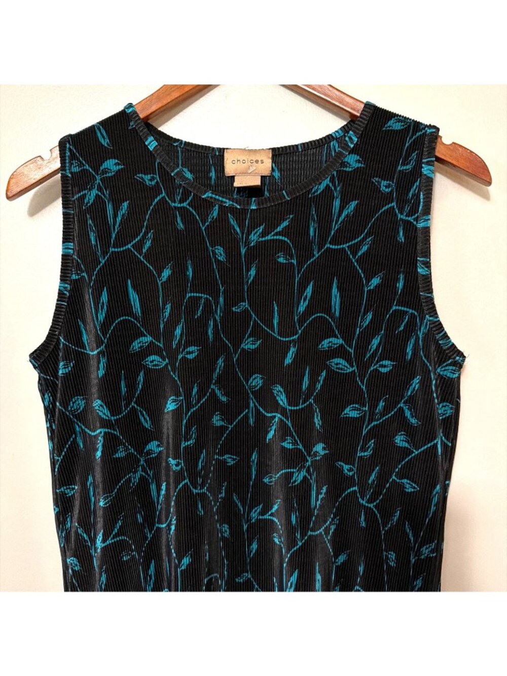 Choices Womens Sleeveless Black & Teal Floral Textured Tank Top L Career Office - Picture 1 of 6